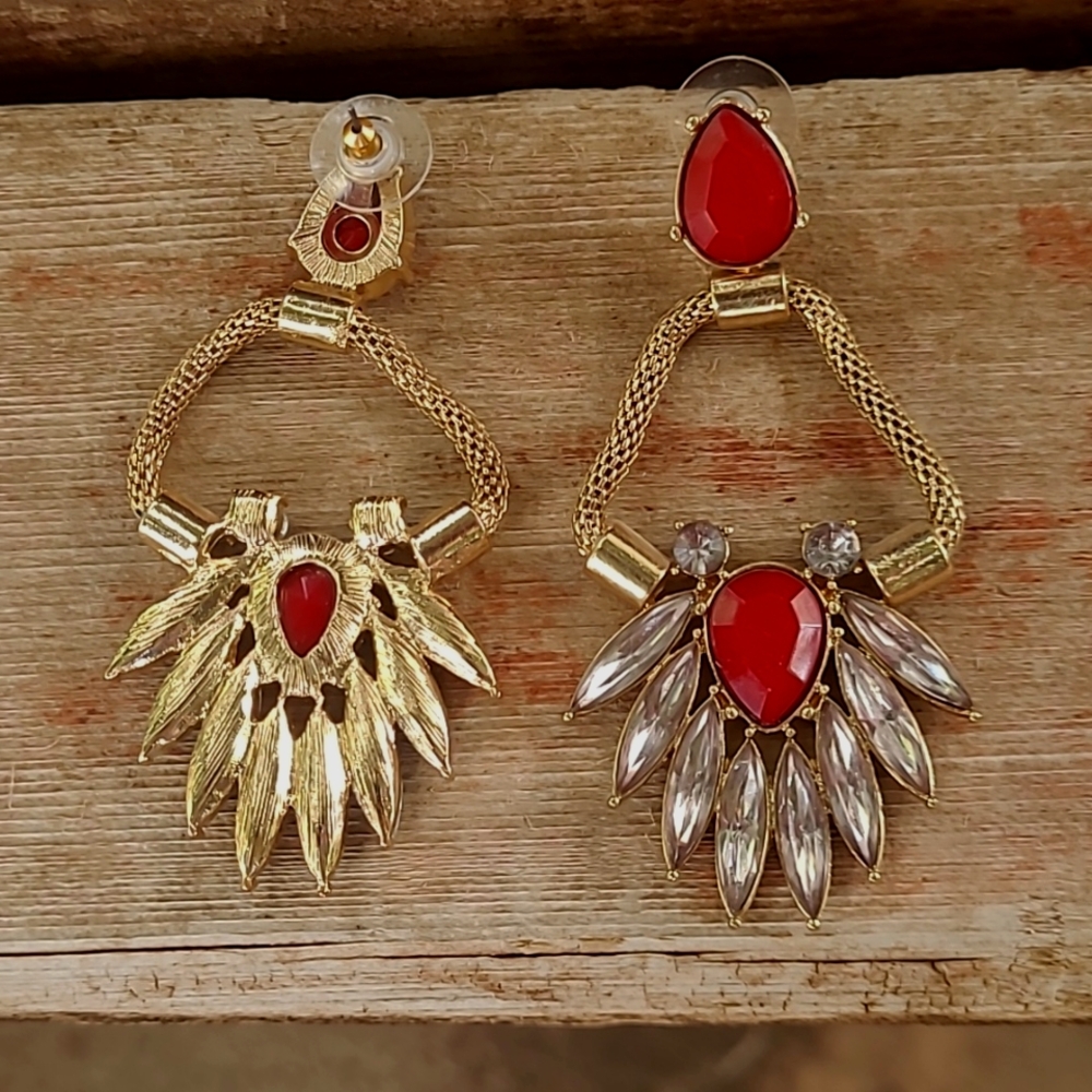 Elegant Red and Gold Starburst Art Deco Earrings
